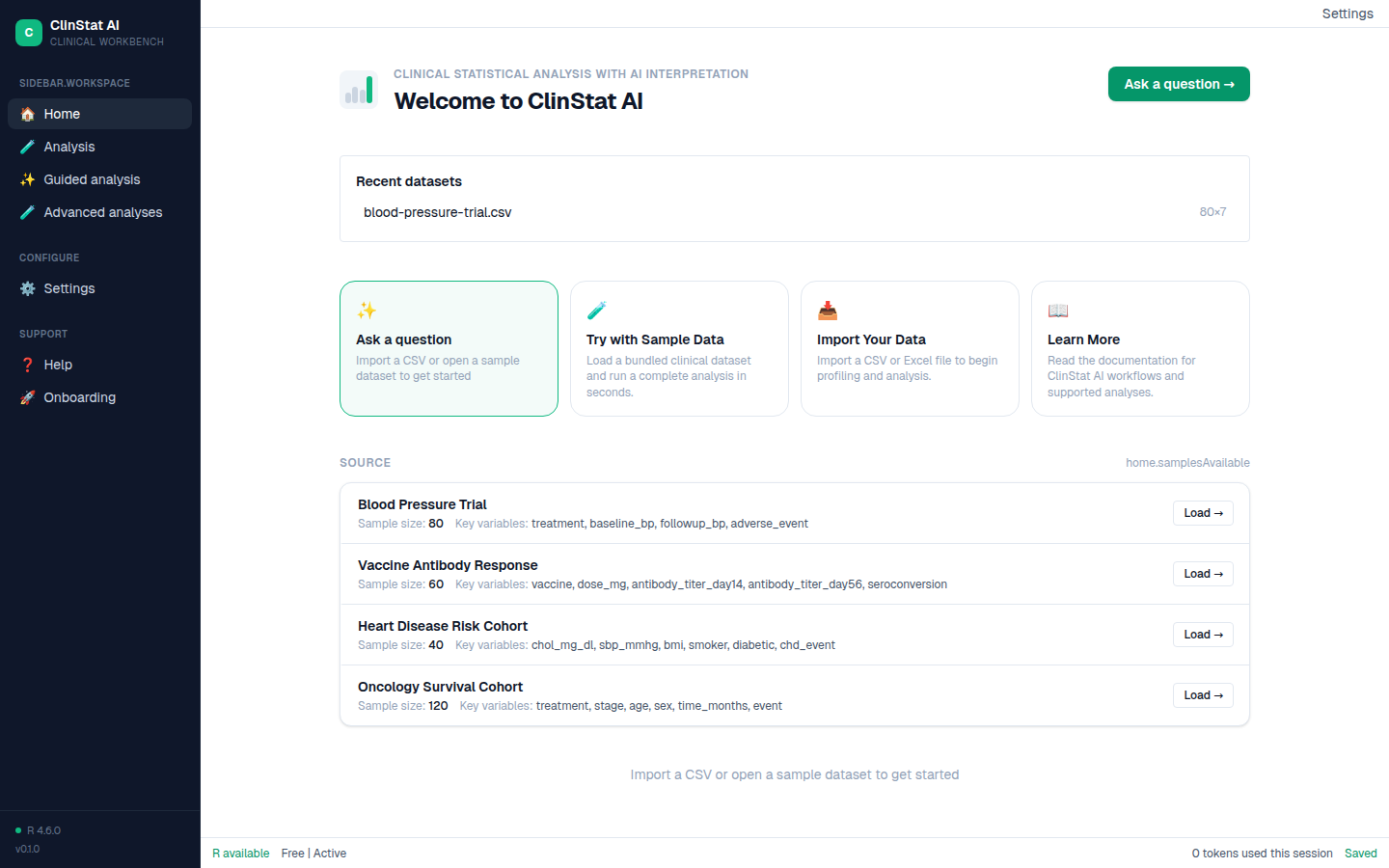 The ClinStat AI welcome screen showing quick-start cards for sample data, data import, and learn-more, above four bundled clinical sample datasets.