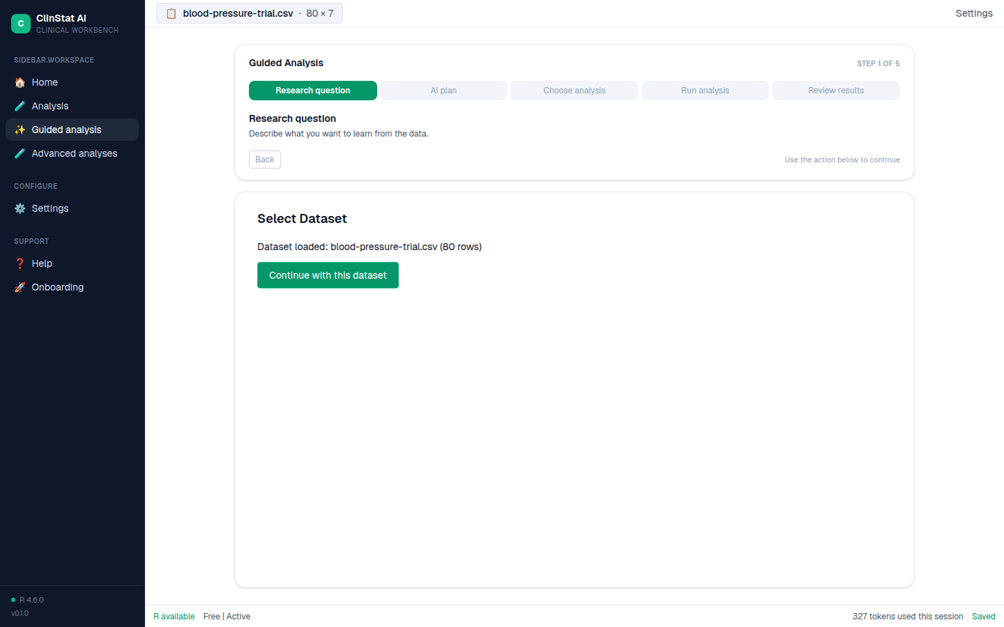 The guided analysis wizard asking the user to describe their research question in natural language.